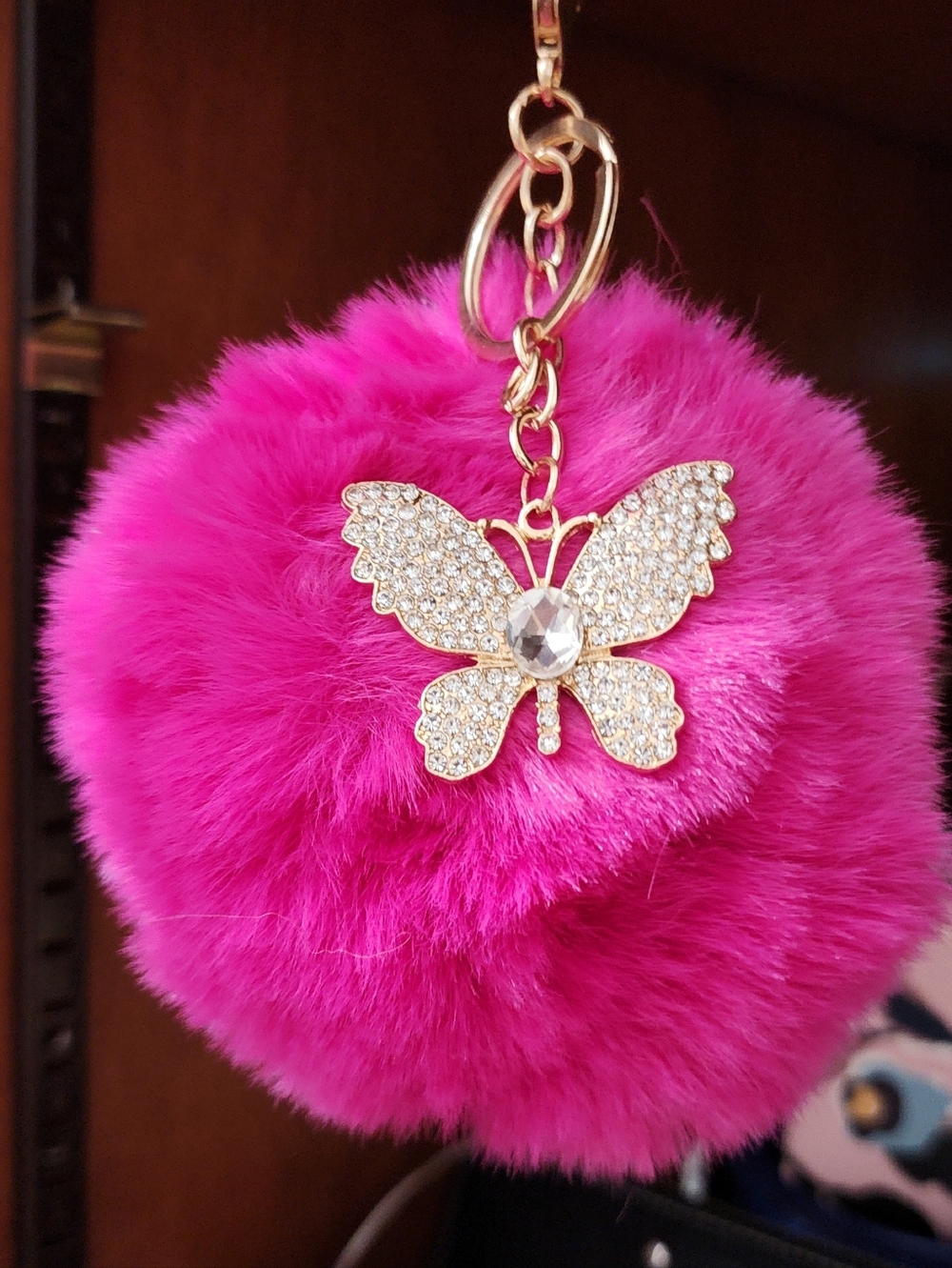 Fuchsia Faux Fur Pom-Pom Keychain with Crystal Butterfly Accent